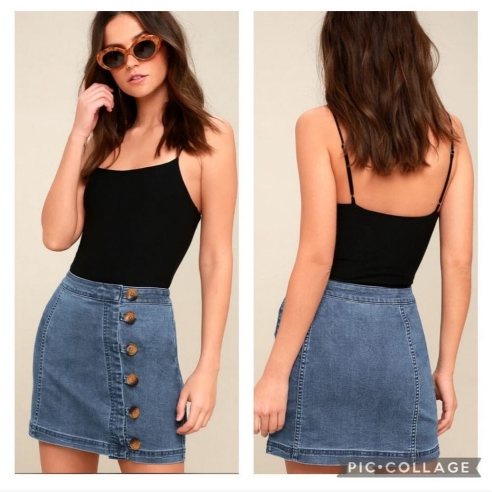 NWT Free‎ People Little Daisies Medium Wash Denim Button-Front Mini Skirt